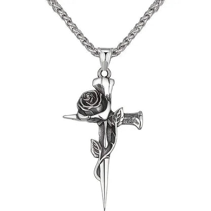 Vintage-Inspired Men's Titanium Steel Pendant Necklace - Unique Keel Chain Design with Cross and Rose Accents DailySale