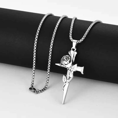 Vintage-Inspired Men's Titanium Steel Pendant Necklace - Unique Keel Chain Design with Cross and Rose Accents DailySale