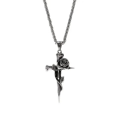 Vintage-Inspired Men's Titanium Steel Pendant Necklace - Unique Keel Chain Design with Cross and Rose Accents DailySale