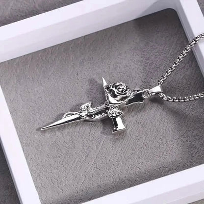 Vintage-Inspired Men's Titanium Steel Pendant Necklace - Unique Keel Chain Design with Cross and Rose Accents DailySale