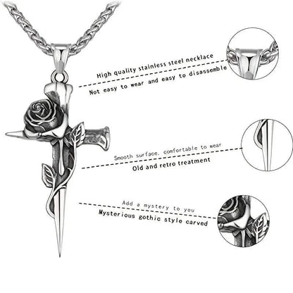 Vintage-Inspired Men's Titanium Steel Pendant Necklace - Unique Keel Chain Design with Cross and Rose Accents DailySale