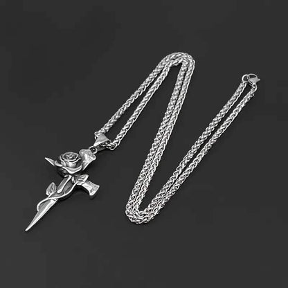 Vintage-Inspired Men's Titanium Steel Pendant Necklace - Unique Keel Chain Design with Cross and Rose Accents DailySale