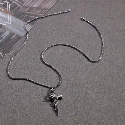 Vintage-Inspired Men's Titanium Steel Pendant Necklace - Unique Keel Chain Design with Cross and Rose Accents DailySale