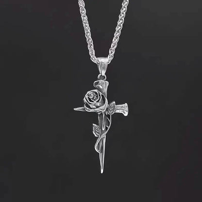 Vintage-Inspired Men's Titanium Steel Pendant Necklace - Unique Keel Chain Design with Cross and Rose Accents DailySale