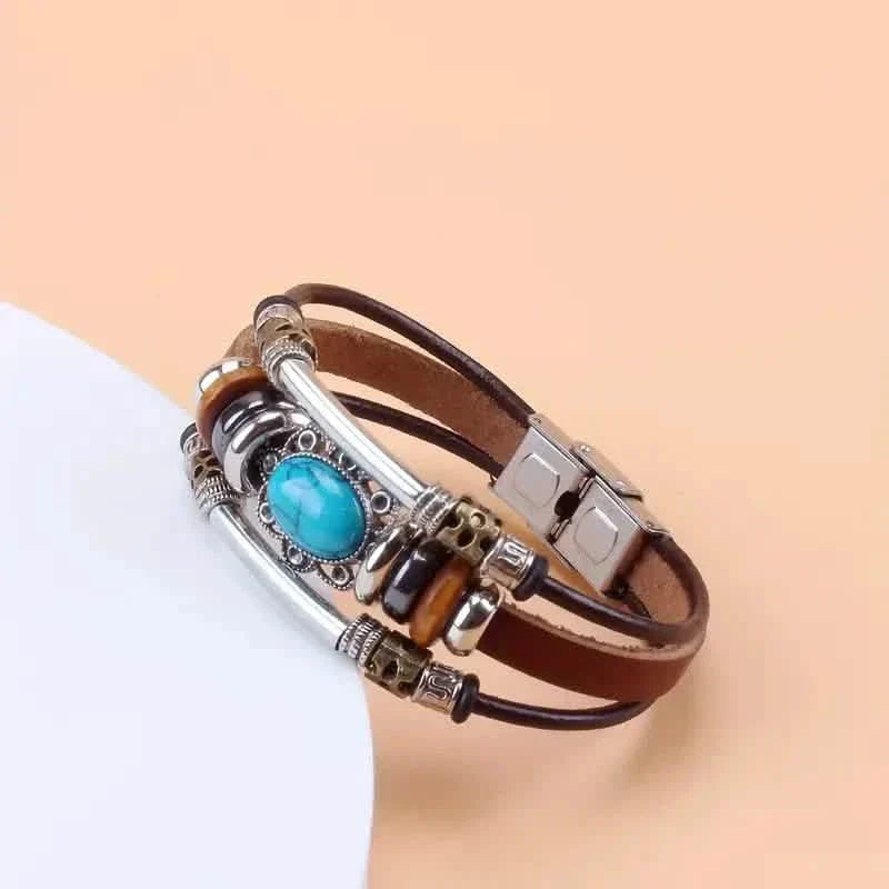 Vintage Style Green Turquoise Beaded PU Leather Stainless Steel Buckle Bracelet DailySale