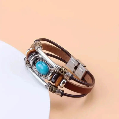 Vintage Style Green Turquoise Beaded PU Leather Stainless Steel Buckle Bracelet DailySale