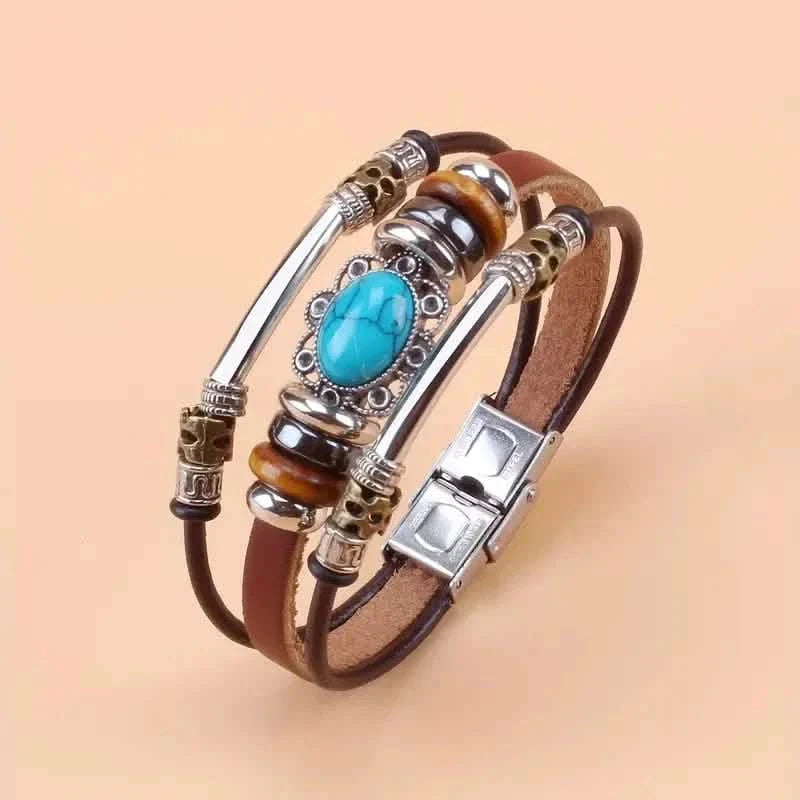 Vintage Style Green Turquoise Beaded PU Leather Stainless Steel Buckle Bracelet DailySale