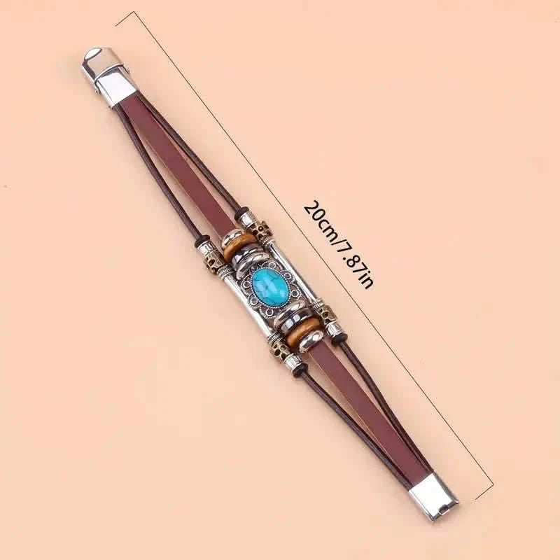 Vintage Style Green Turquoise Beaded PU Leather Stainless Steel Buckle Bracelet DailySale