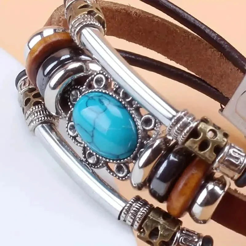 Vintage Style Green Turquoise Beaded PU Leather Stainless Steel Buckle Bracelet DailySale