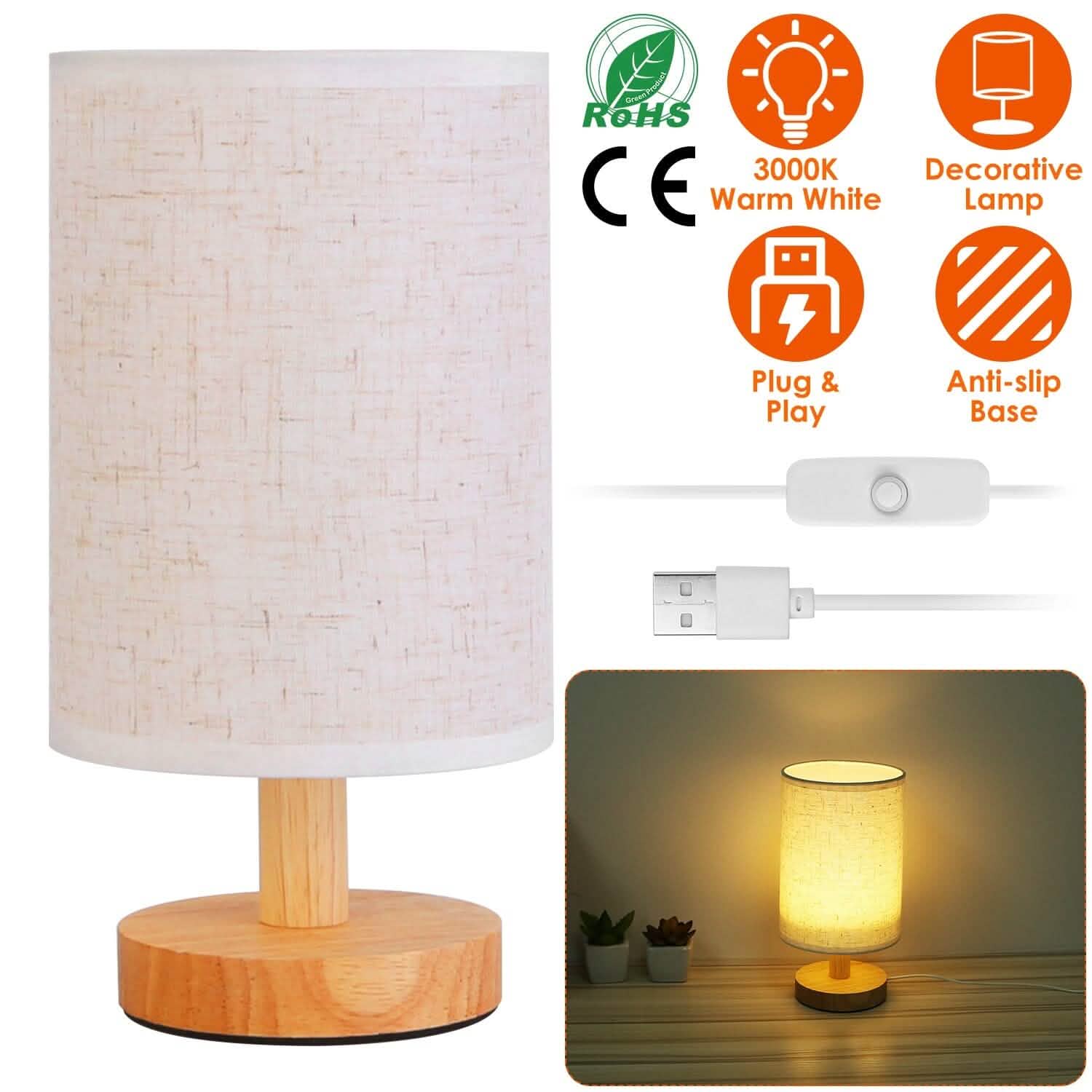 Warm White Nightstand Lamp USB Plug Modern Lantern DailySale
