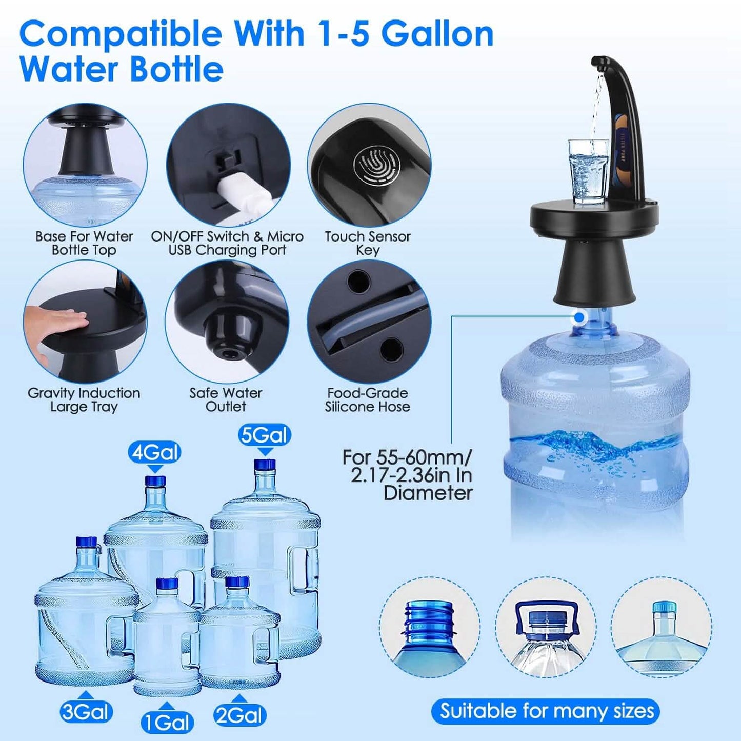 Water Bottle Dispenser USB Rechargeable Mini Water Jug for 1-5 Gallon Water Jugs DailySale