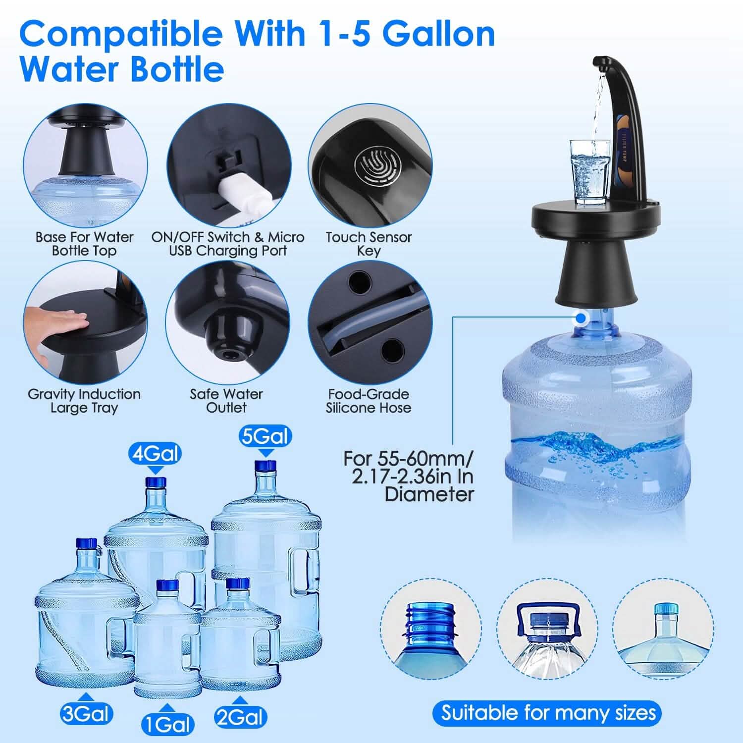 Water Bottle Dispenser USB Rechargeable Mini Water Jug for 1-5 Gallon Water Jugs DailySale