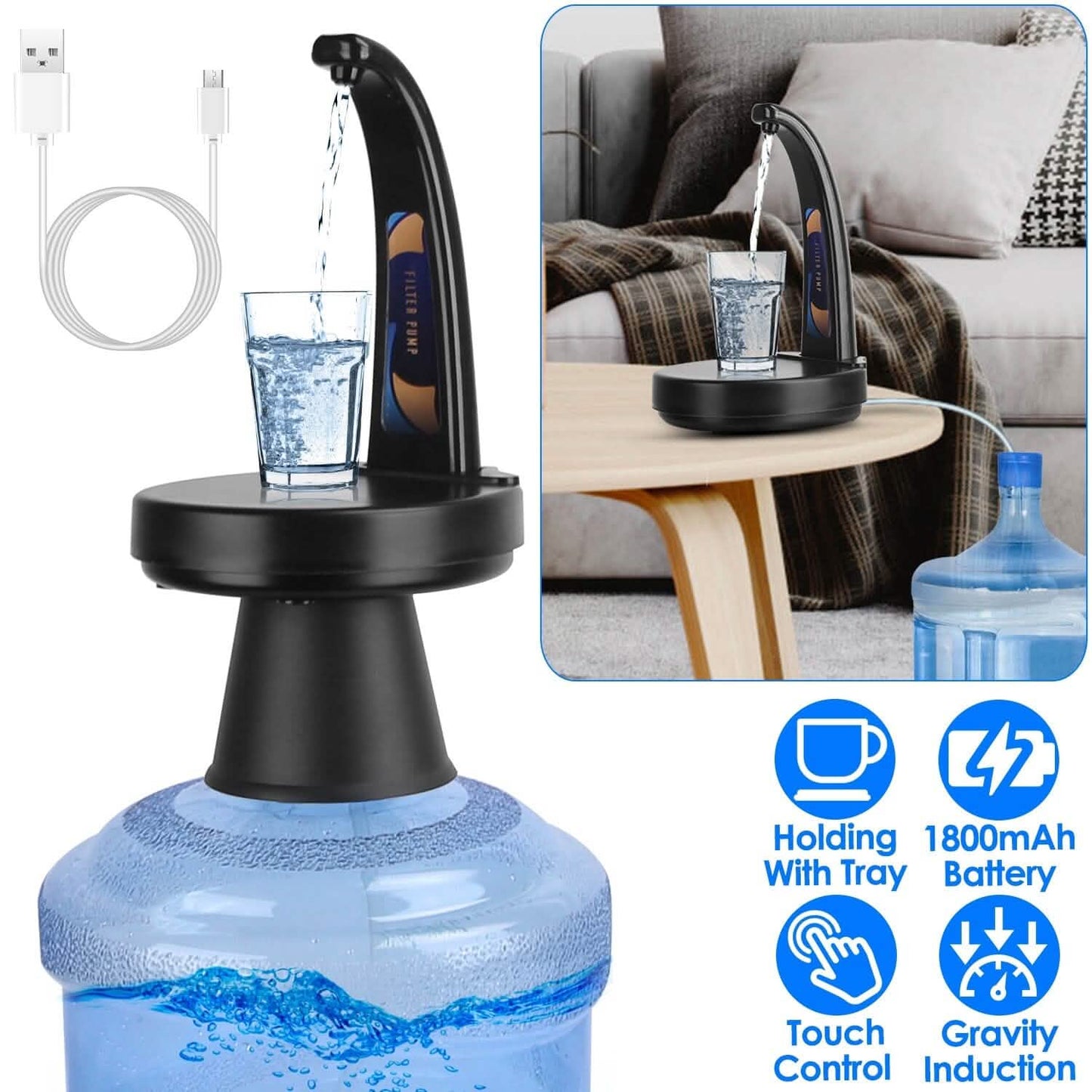Water Bottle Dispenser USB Rechargeable Mini Water Jug for 1-5 Gallon Water Jugs DailySale