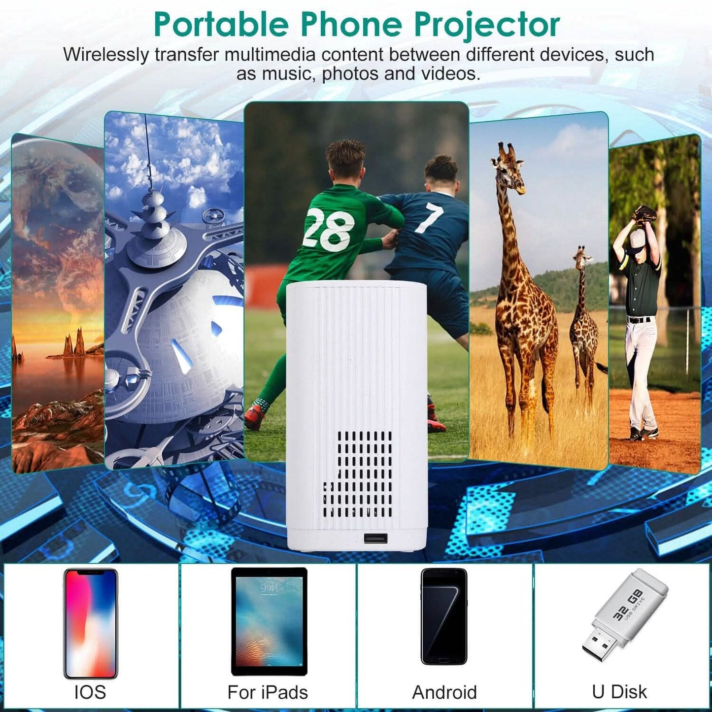 WiFi 1080P Projector Phone Projector Home Movie Projector Compatible with IOS Android iPads U Disk DailySale