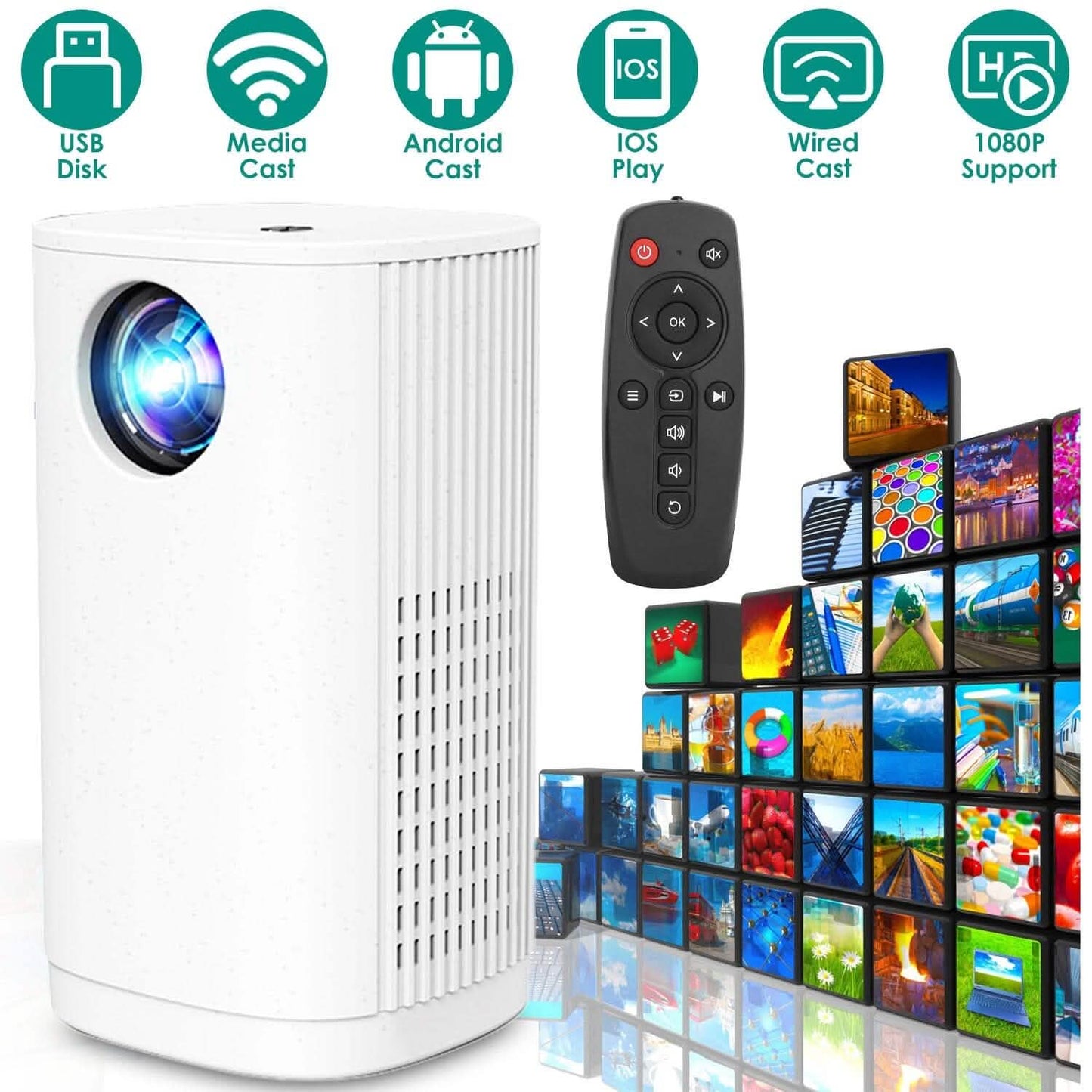 WiFi 1080P Projector Phone Projector Home Movie Projector Compatible with IOS Android iPads U Disk DailySale