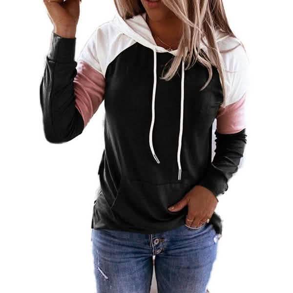 Winter Women’s Fashion Casual Sweatshirts Long Sleeve Hooded Pullover Loose Block Color Pockets Sweatshirts DailySale