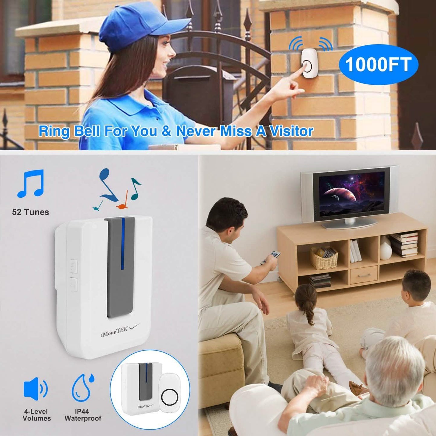 Wireless Doorbell Rings 1000FT with 1 Plug Receiver Chimes DailySale