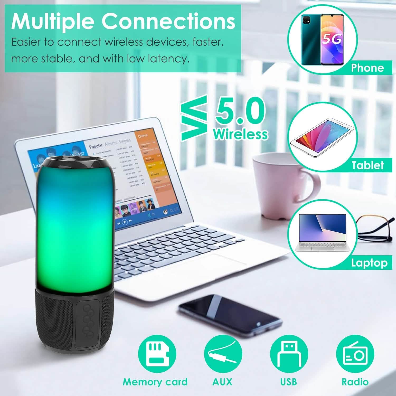 Wireless Portable Speaker with Color Changing Light DailySale