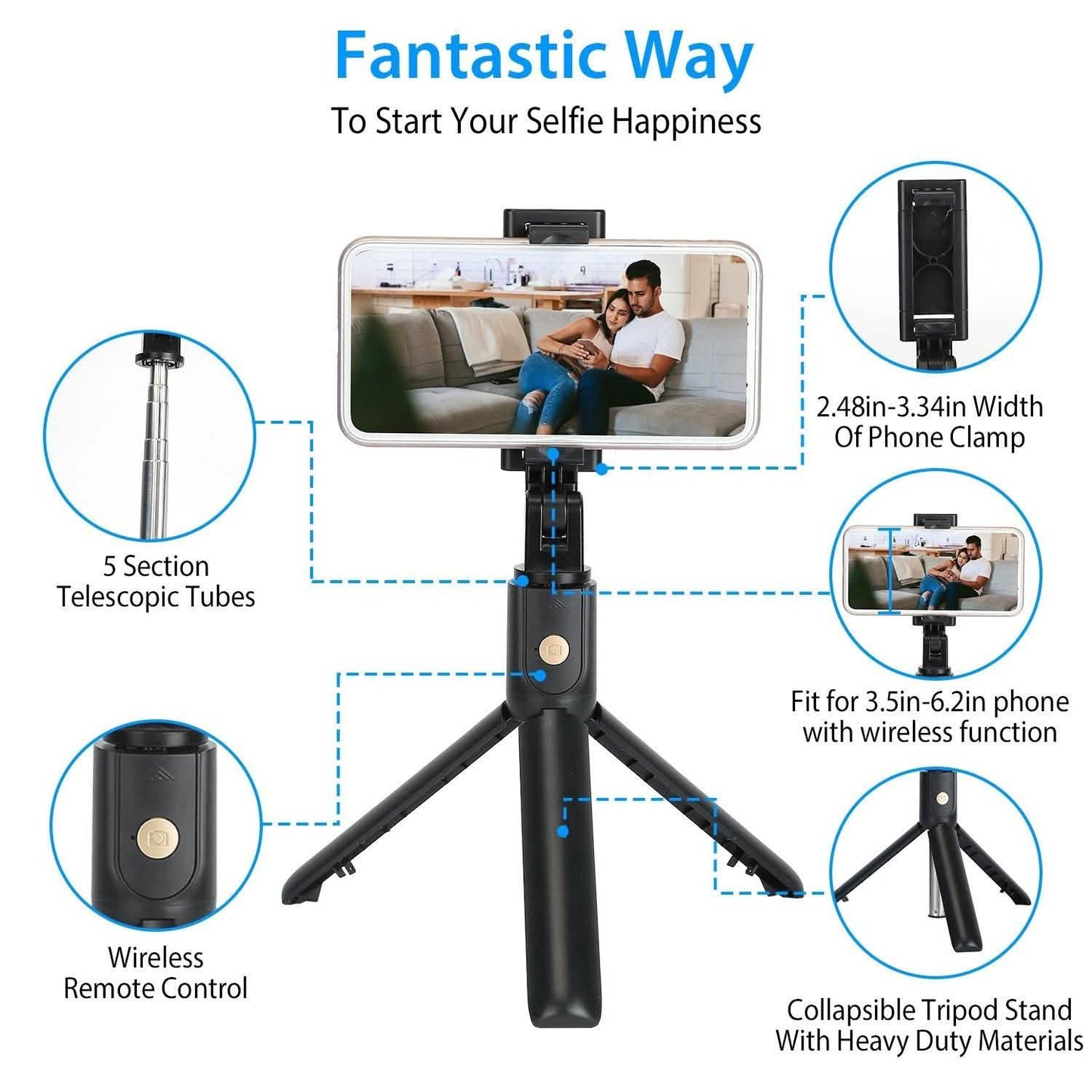 Wireless Selfie Stick Extendable Tripod with Detachable Remote Shutter for 3.5-6.2" Phone DailySale