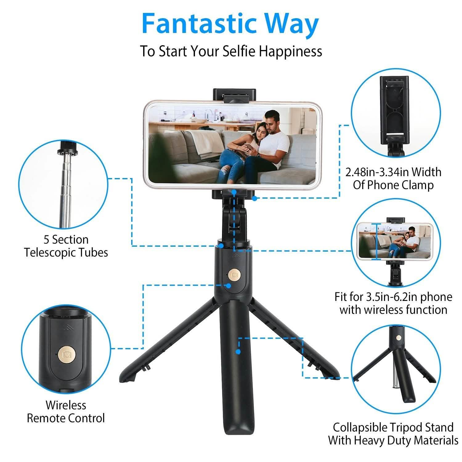 Wireless Selfie Stick Extendable Tripod with Detachable Remote Shutter for 3.5-6.2" Phone DailySale