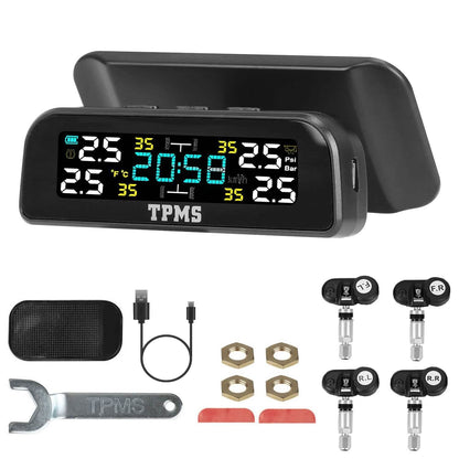 Wireless Solar Car Tire Pressure Monitoring System Auto Tire Pressure with Sensors Temperature Alarm DailySale