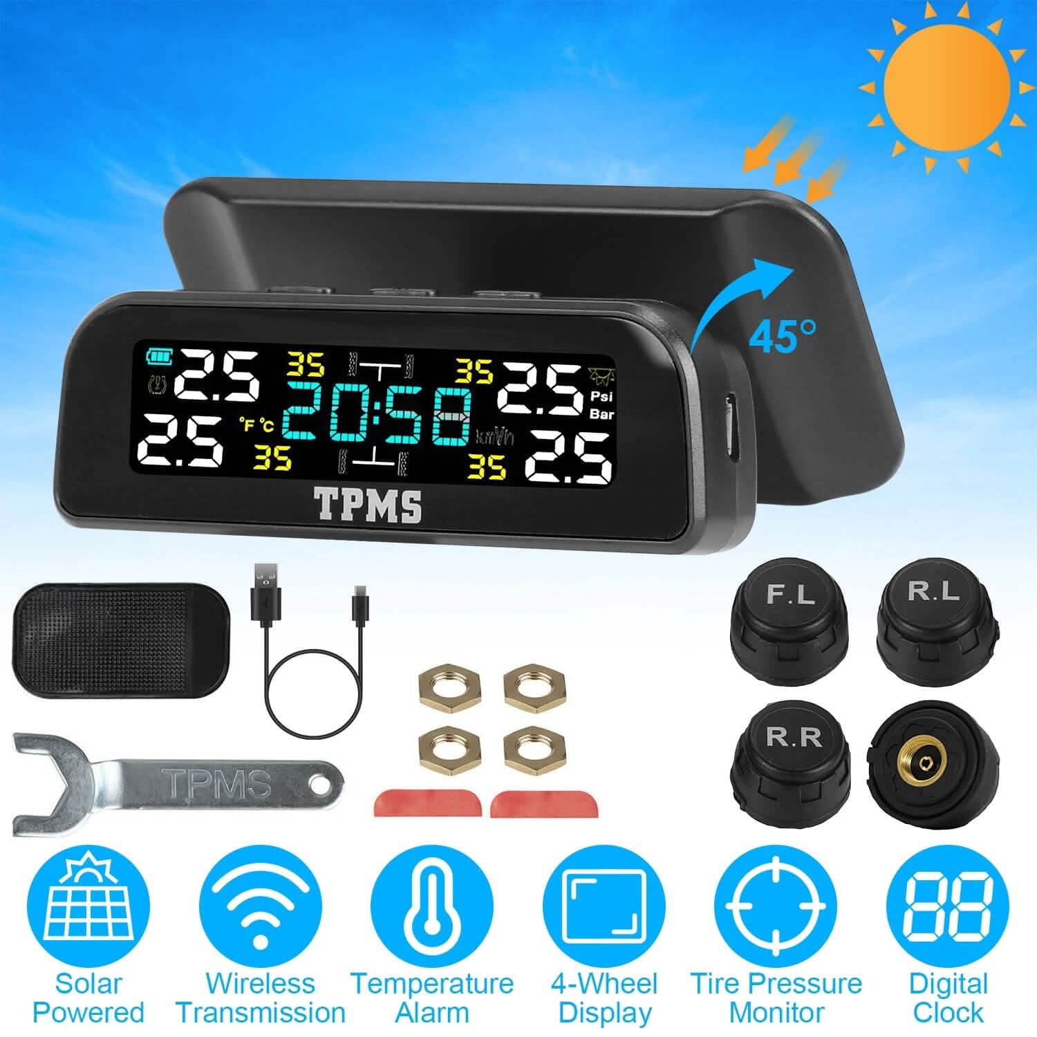 Wireless Solar Car Tire Pressure Monitoring System Auto Tire Pressure with Sensors Temperature Alarm DailySale