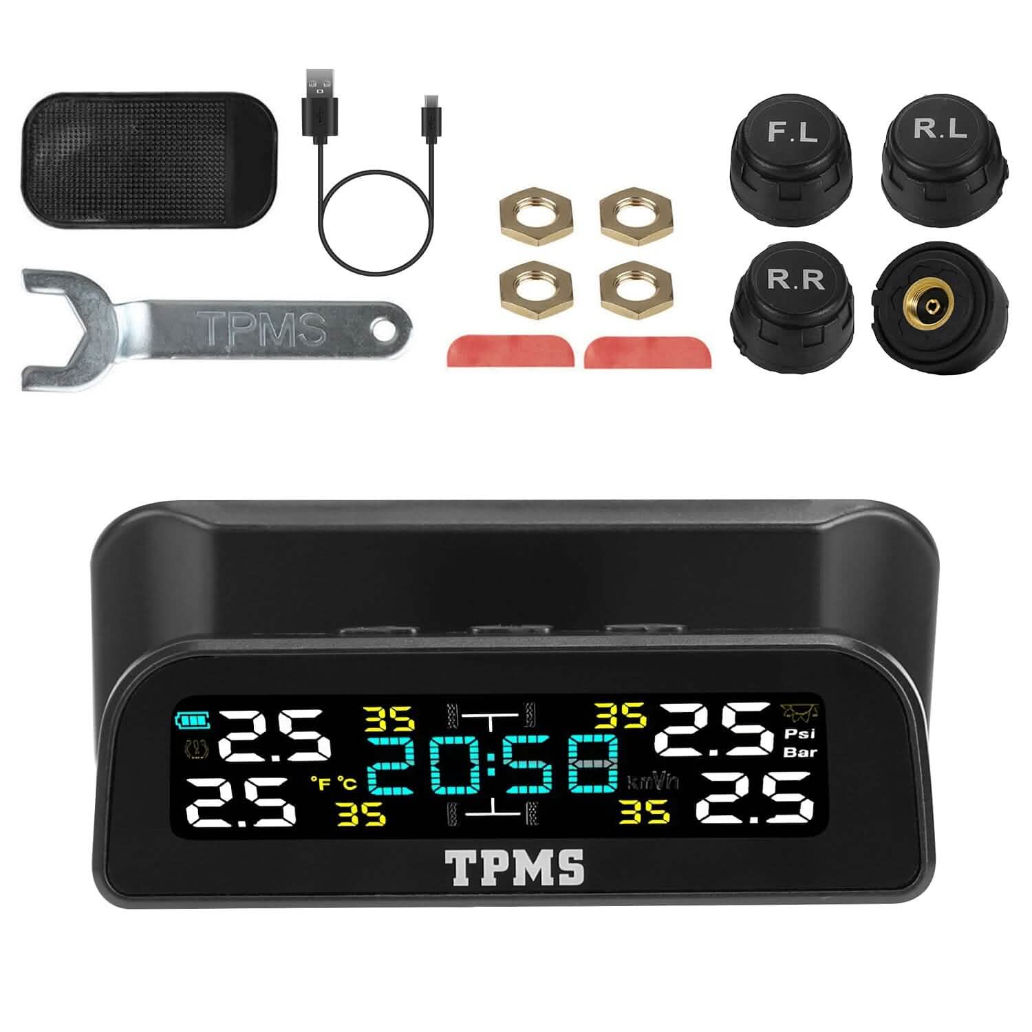Wireless Solar Car Tire Pressure Monitoring System Auto Tire Pressure with Sensors Temperature Alarm DailySale