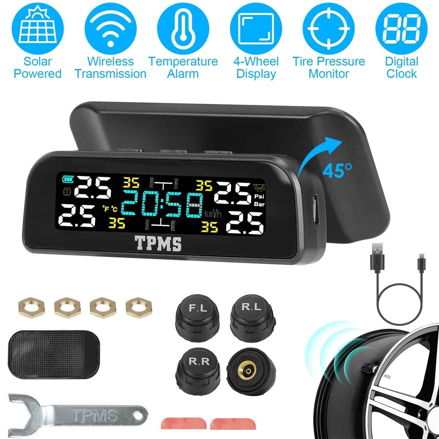 Wireless Solar Car Tire Pressure Monitoring System Auto Tire Pressure with Sensors Temperature Alarm DailySale