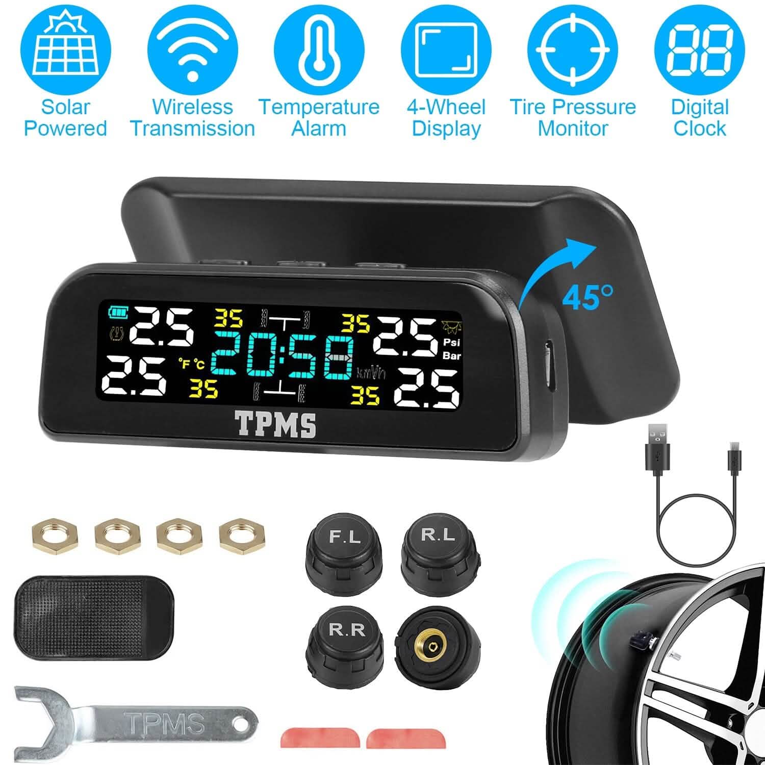Wireless Solar Car Tire Pressure Monitoring System Auto Tire Pressure with Sensors Temperature Alarm DailySale