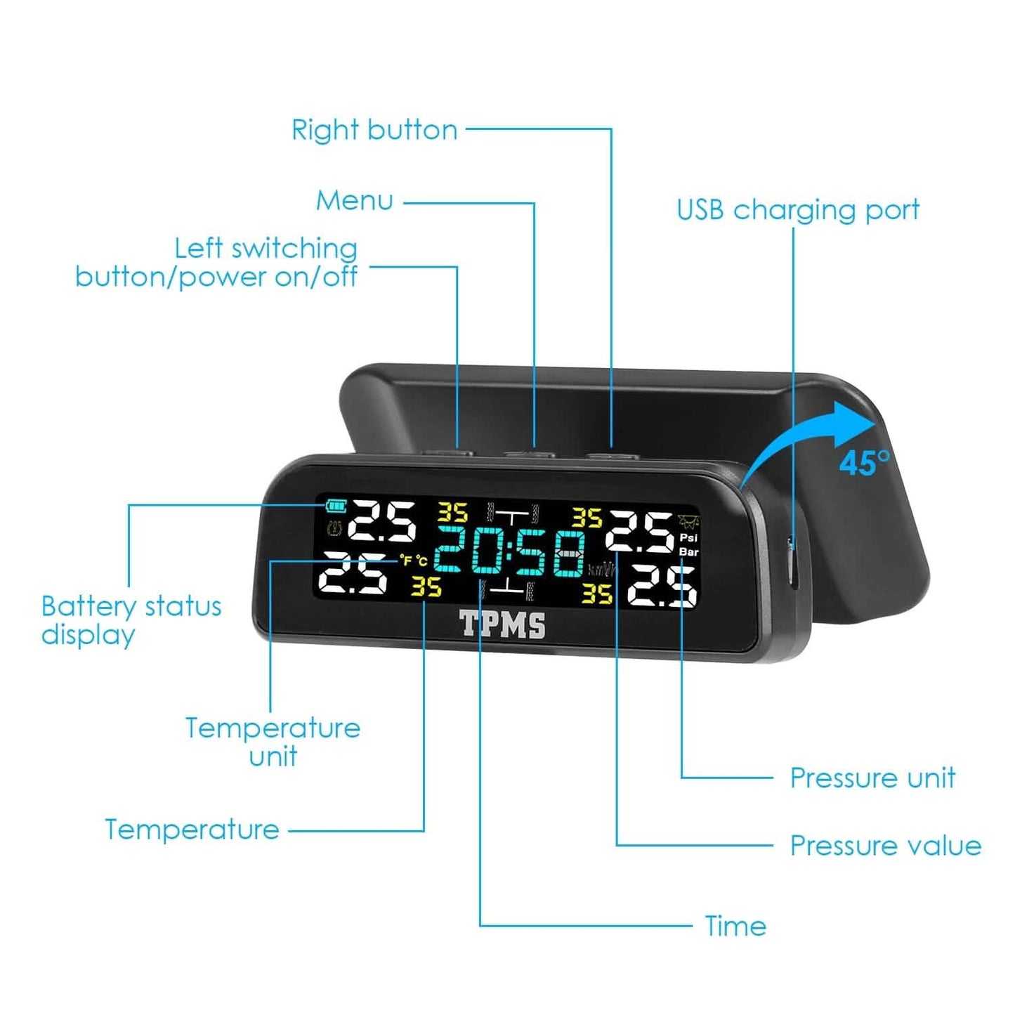 Wireless Solar Car Tire Pressure Monitoring System Auto Tire Pressure with Sensors Temperature Alarm DailySale