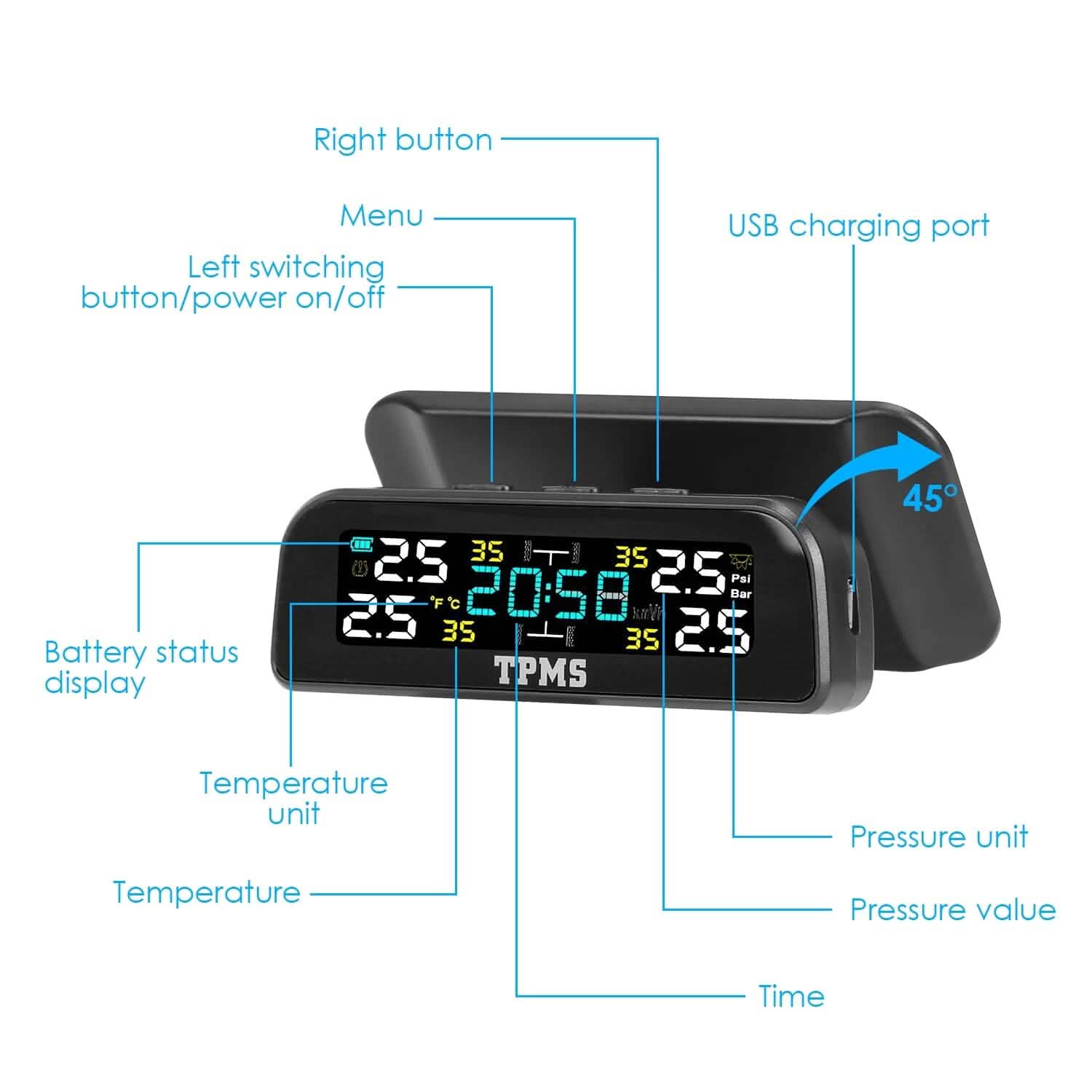 Wireless Solar Car Tire Pressure Monitoring System Auto Tire Pressure with Sensors Temperature Alarm DailySale