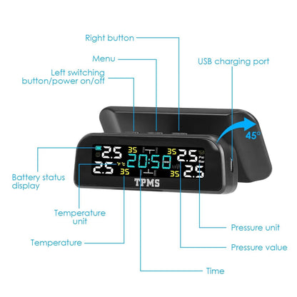 Wireless Solar Car Tire Pressure Monitoring System Auto Tire Pressure with Sensors Temperature Alarm DailySale