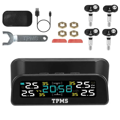 Wireless Solar Car Tire Pressure Monitoring System Auto Tire Pressure with Sensors Temperature Alarm DailySale