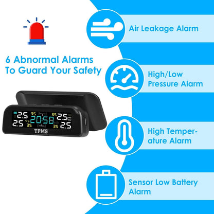 Wireless Solar Car Tire Pressure Monitoring System Auto Tire Pressure with Sensors Temperature Alarm DailySale