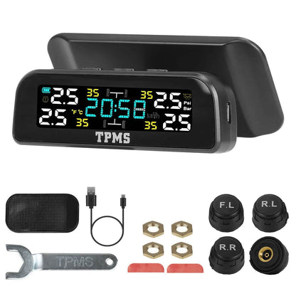 Wireless Solar Car Tire Pressure Monitoring System Auto Tire Pressure with Sensors Temperature Alarm DailySale