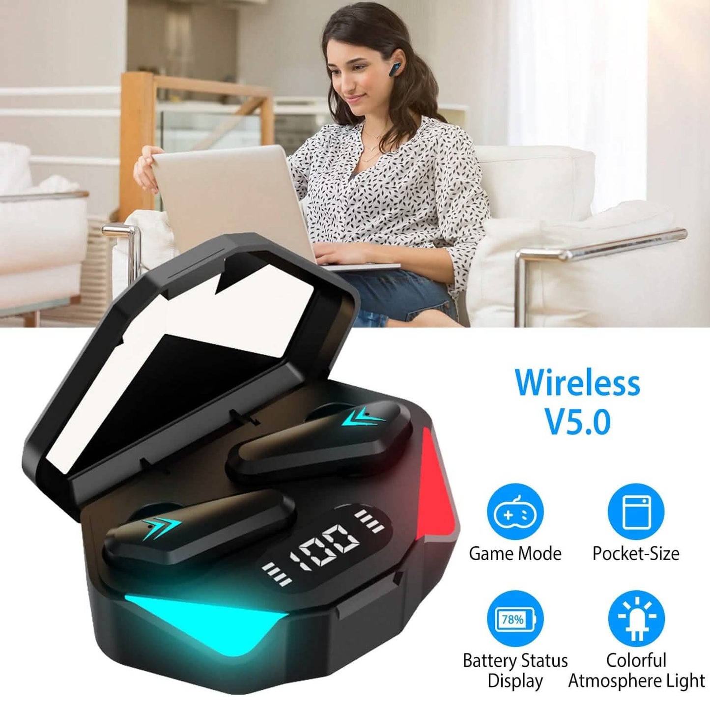 Wireless TWS 5.0 In-Ear Headphone Headset with Charging Case Low Latency Game Mode DailySale