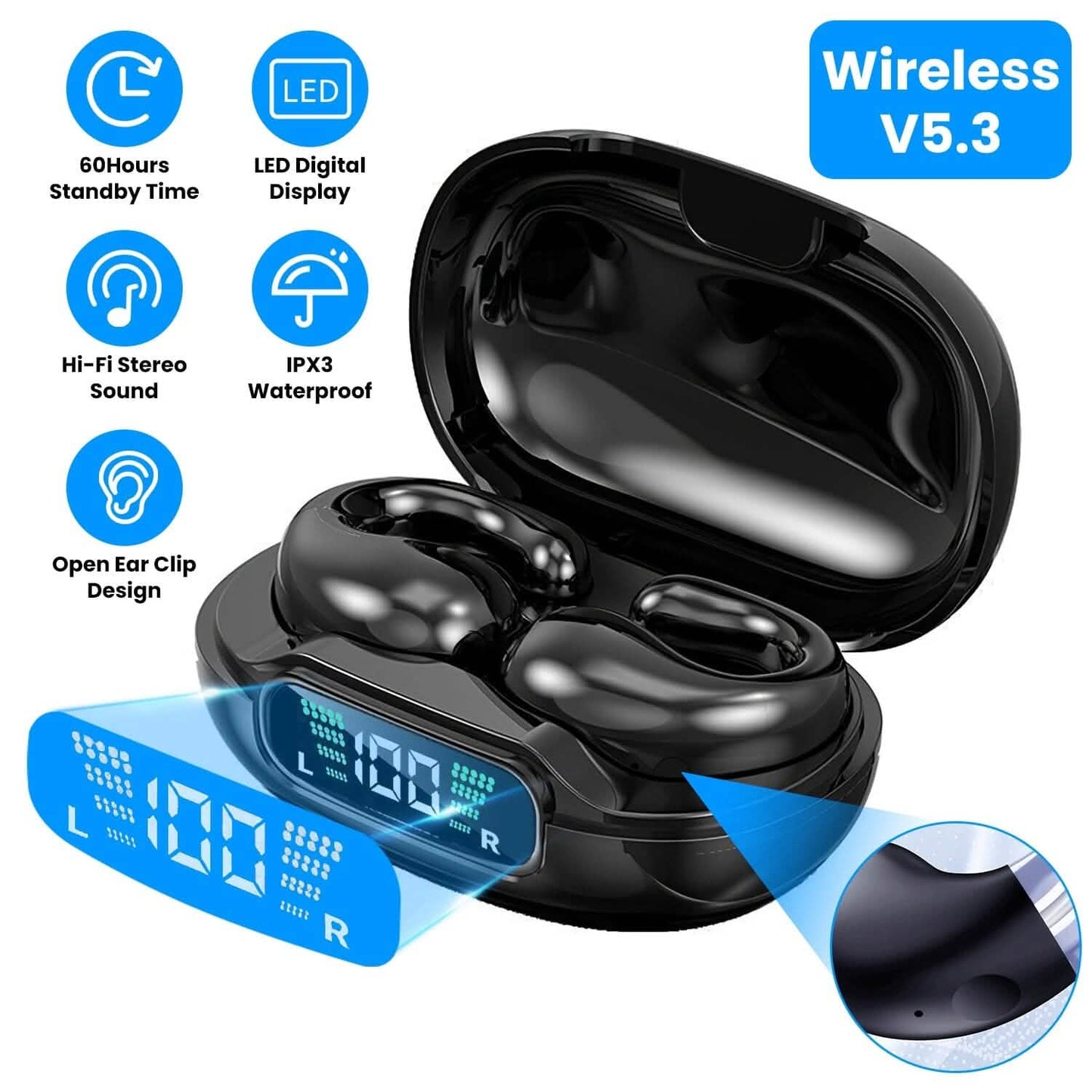 Wireless V5.3 Open Ear Clip Earbuds IPX3 Waterproof Ultra Open Earbuds with LED Display DailySale