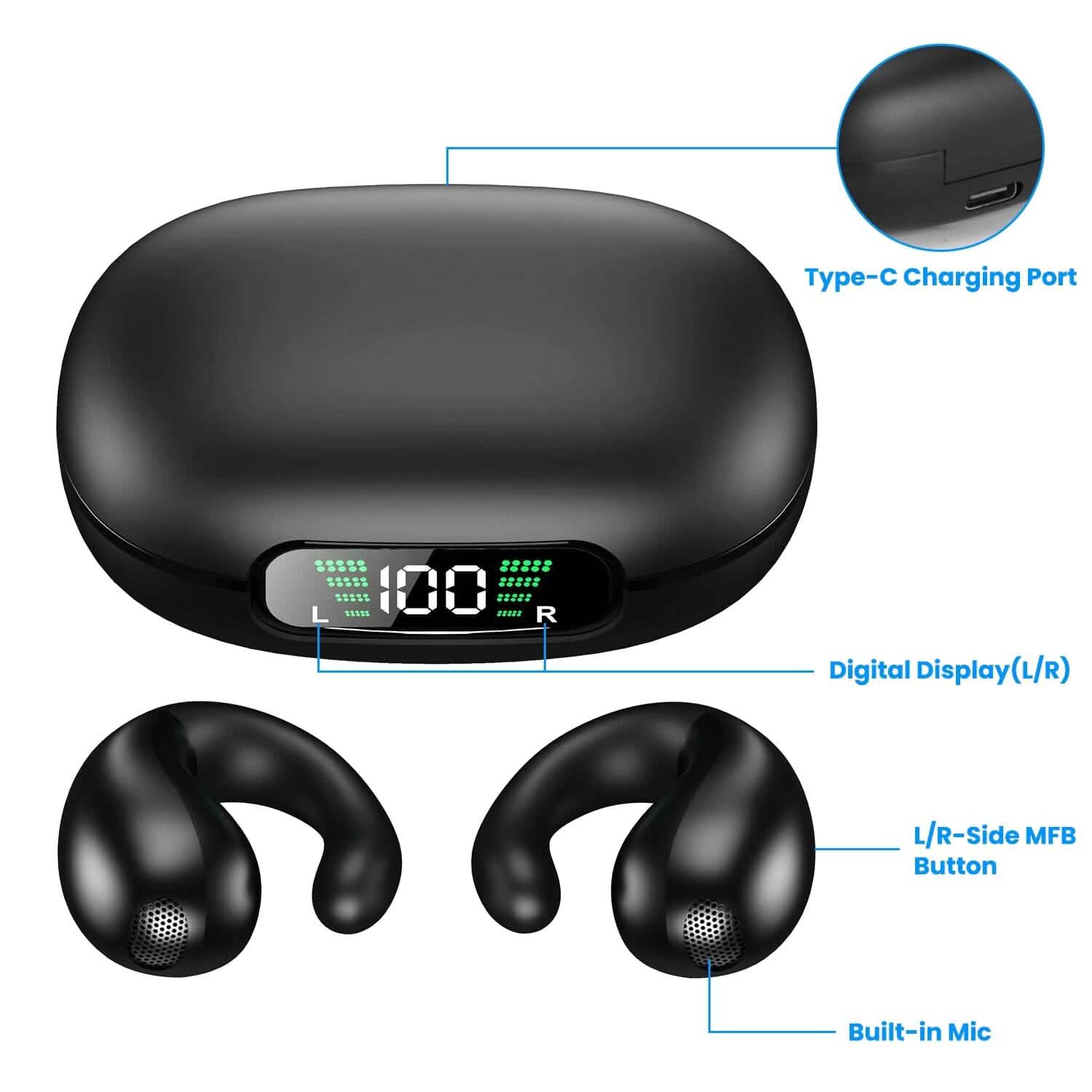Wireless V5.3 Open Ear Clip Earbuds IPX3 Waterproof Ultra Open Earbuds with LED Display DailySale