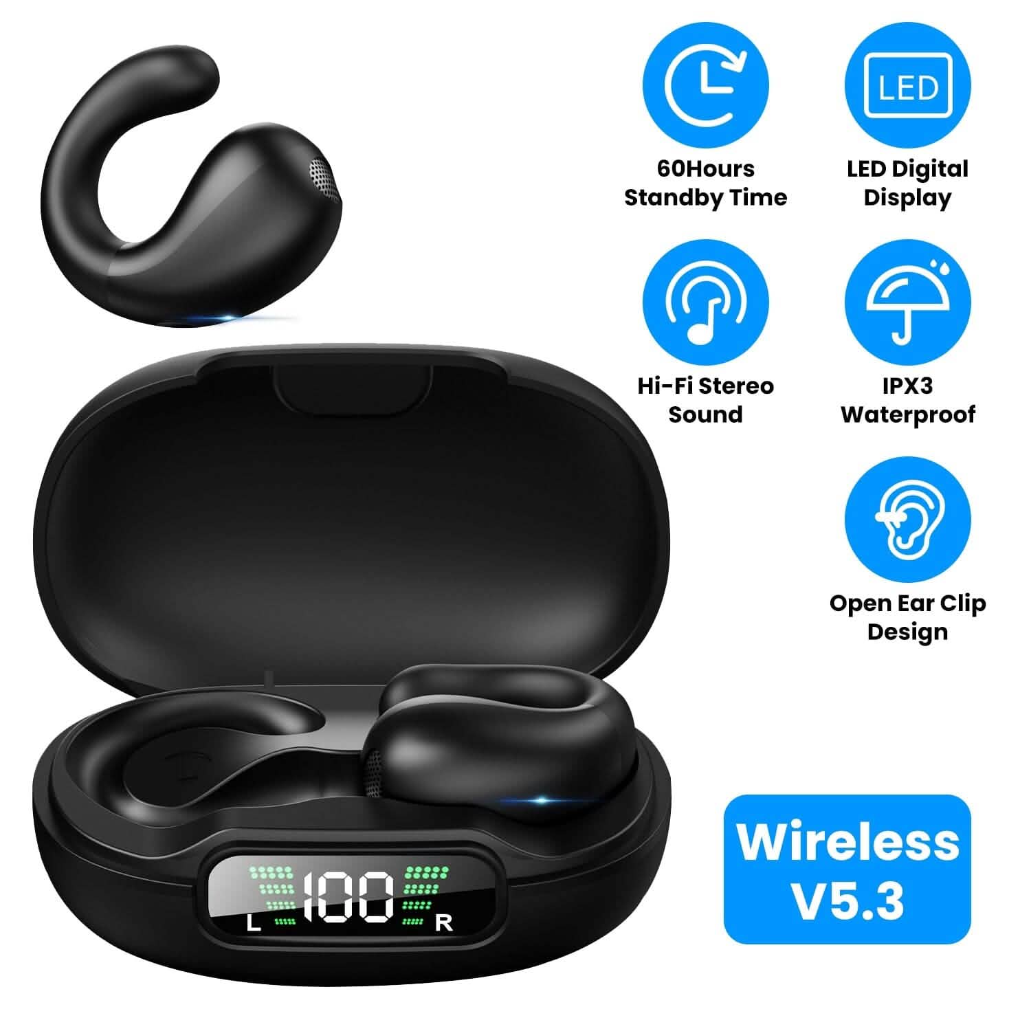 Wireless V5.3 Open Ear Clip Earbuds IPX3 Waterproof Ultra Open Earbuds with LED Display DailySale