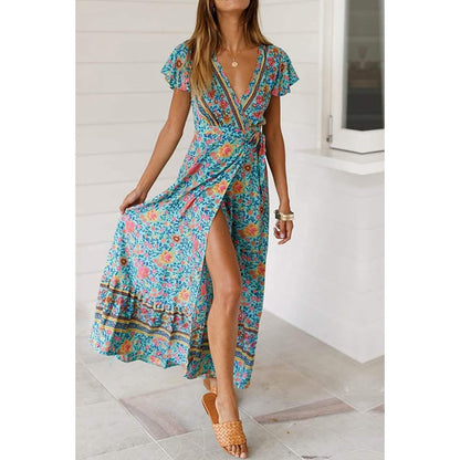 Women Boho Summer Side Split Deep V Neck Short Sleeves Maxi Dress with Belt DailySale