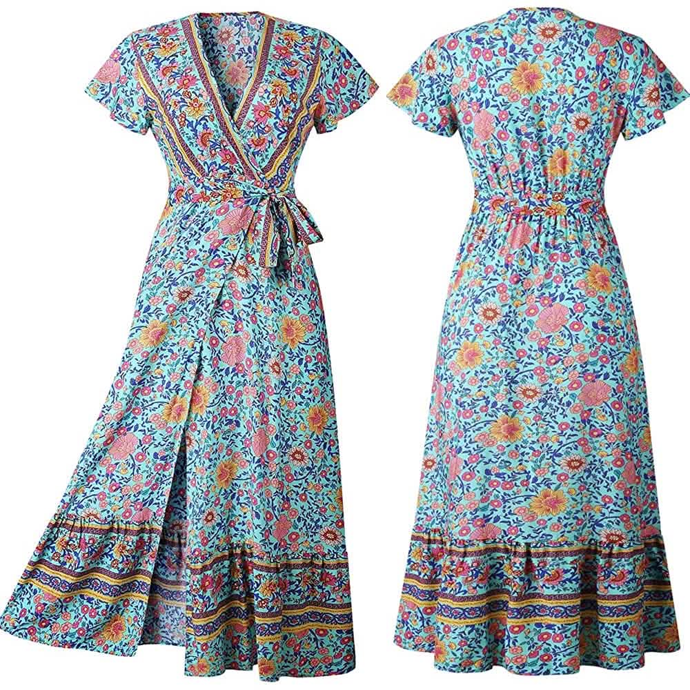Women Boho Summer Side Split Deep V Neck Short Sleeves Maxi Dress with Belt DailySale