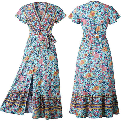Women Boho Summer Side Split Deep V Neck Short Sleeves Maxi Dress with Belt DailySale