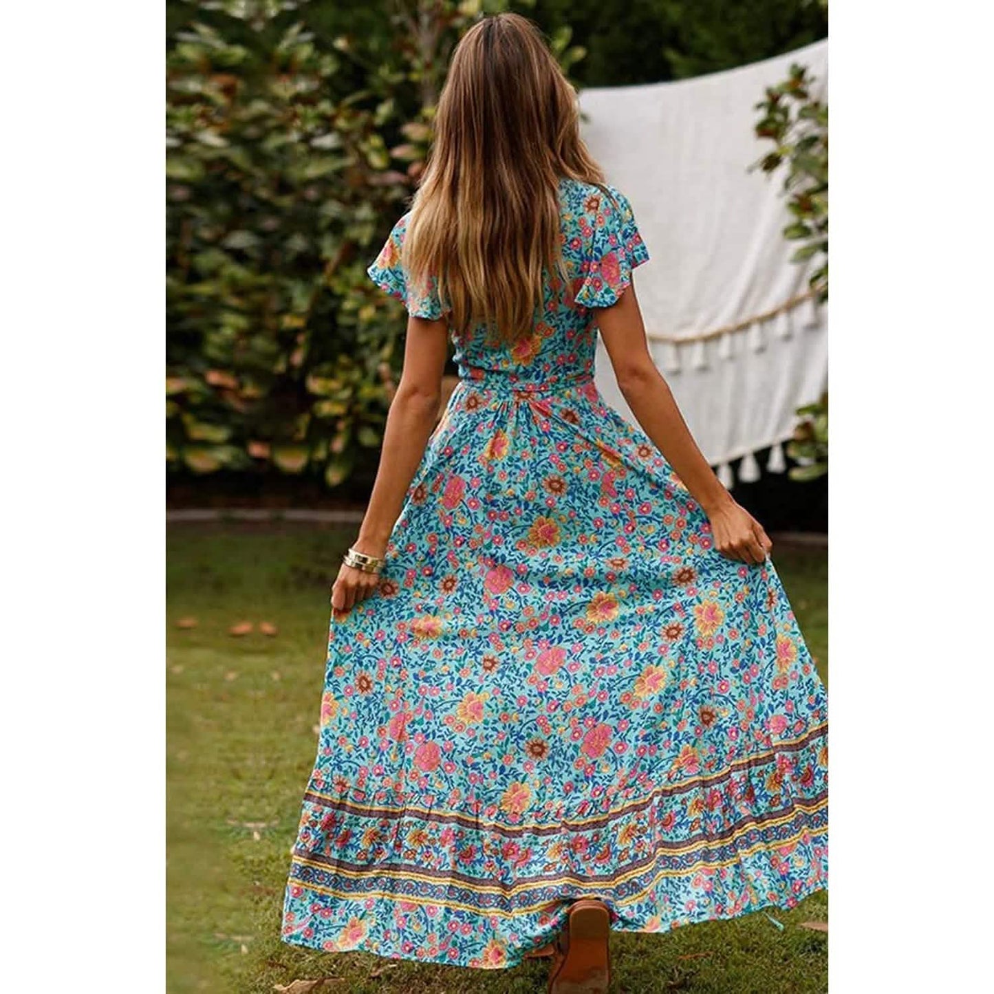 Women Boho Summer Side Split Deep V Neck Short Sleeves Maxi Dress with Belt DailySale