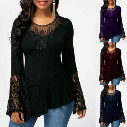 Women Casual Irregular T-shirt with Long-sleeved Lace Stitching Plus Size Shirts DailySale