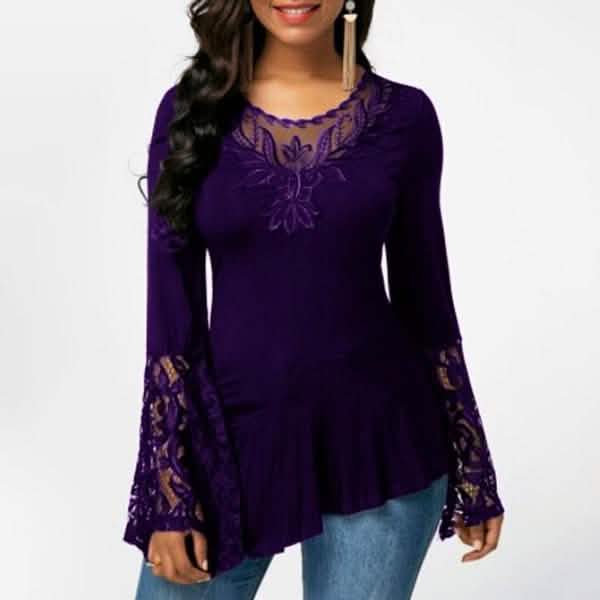 Women Casual Irregular T-shirt with Long-sleeved Lace Stitching Plus Size Shirts DailySale
