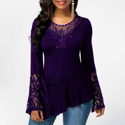 Women Casual Irregular T-shirt with Long-sleeved Lace Stitching Plus Size Shirts DailySale