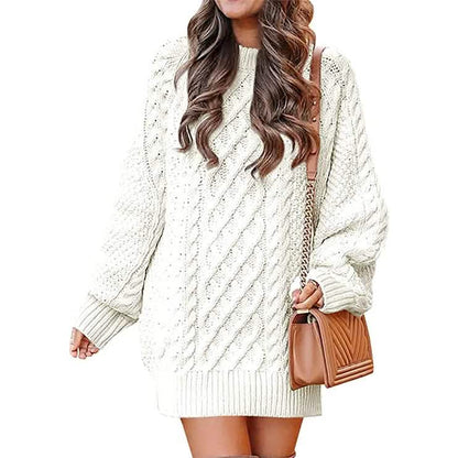 Women Crewneck Long Sleeve Oversized Cable Knit Chunky Pullover Short Sweater Dresses DailySale