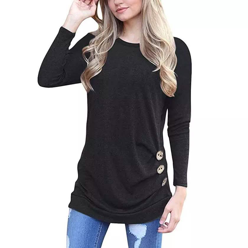 Women Elegant Long Sleeve Round Neck Loose Blouse Tops DailySale