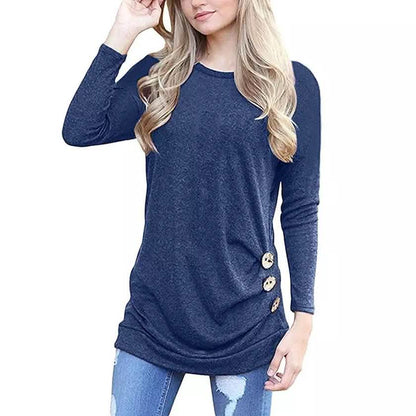 Women Elegant Long Sleeve Round Neck Loose Blouse Tops DailySale
