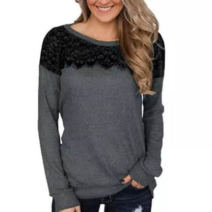 Women Fashion Black Lace Top Long Sleeve Elegant Casual Sweatshirt Blouse DailySale